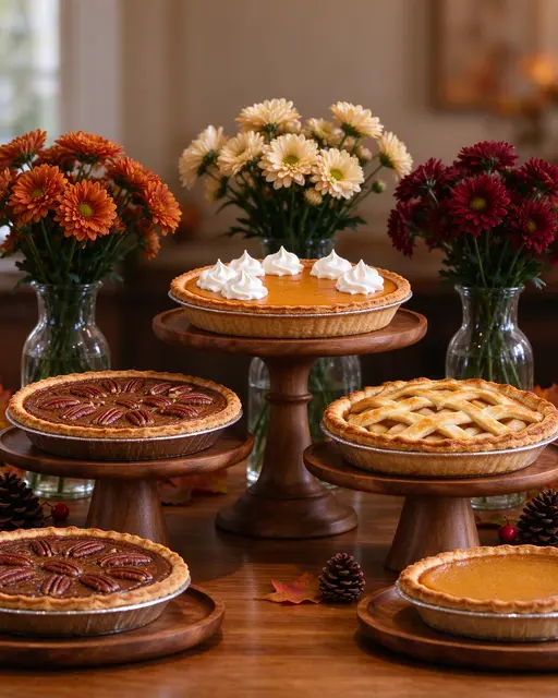 Assorted pumpkin, pecan and apple pies on wooden stands paired with mum vases on a festive Thanksgiving table