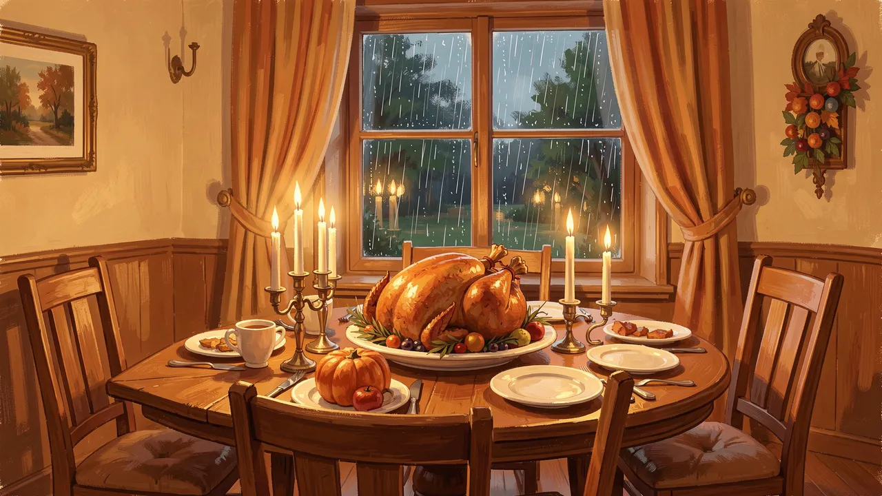 Cozy gouache illustration of a set Thanksgiving dinner table with roast turkey, lit candles, and rain on the window.