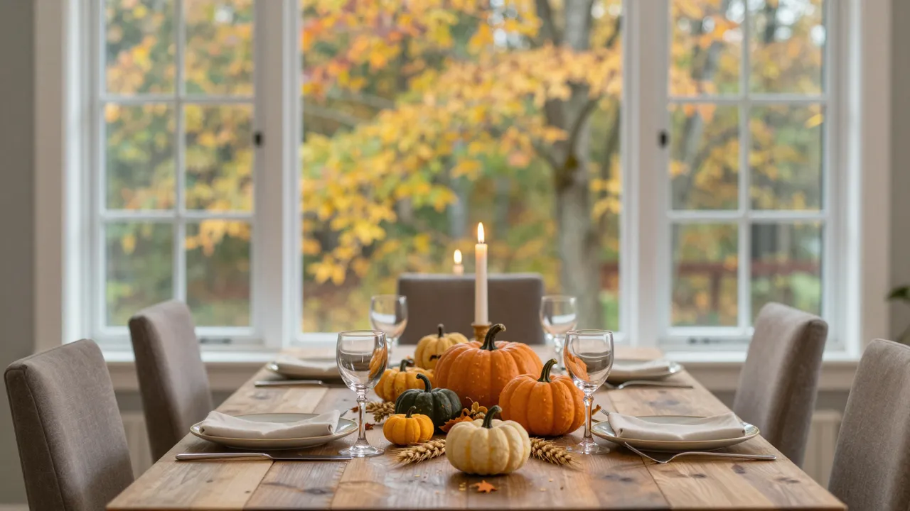 Set wooden Thanksgiving dining table with pumpkins, candles and autumn trees visible through the window