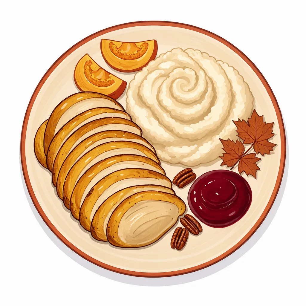 Top down flat illustration of a dinner plate with sliced turkey, mashed potatoes, cranberry sauce and fall garnishes on a