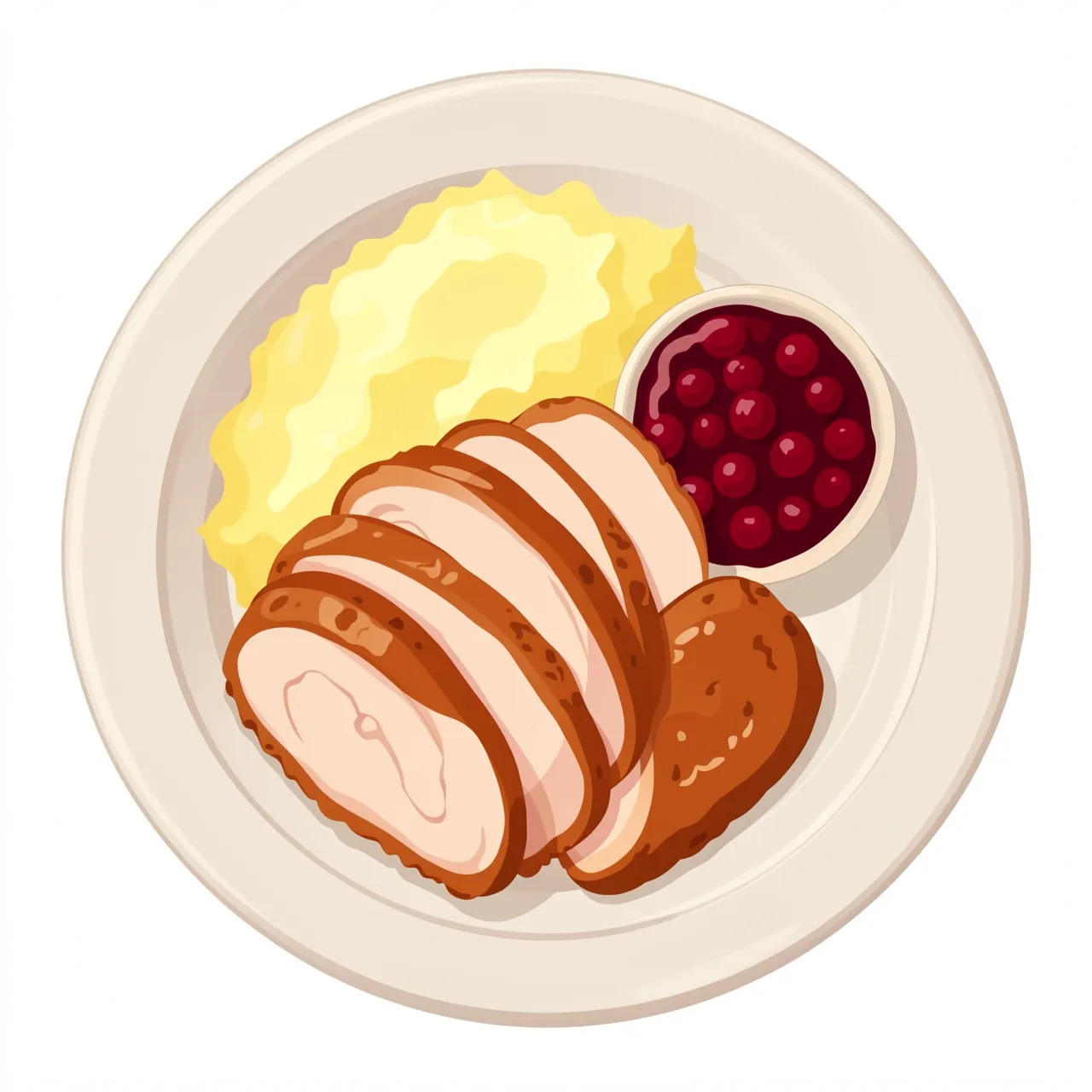 Top view illustration of a plate with sliced roast turkey, mashed potatoes and cranberry sauce isolated on a white background