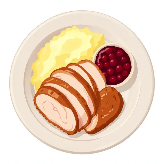 Top view illustration of a plate with sliced roast turkey, mashed potatoes and cranberry sauce isolated on a white background