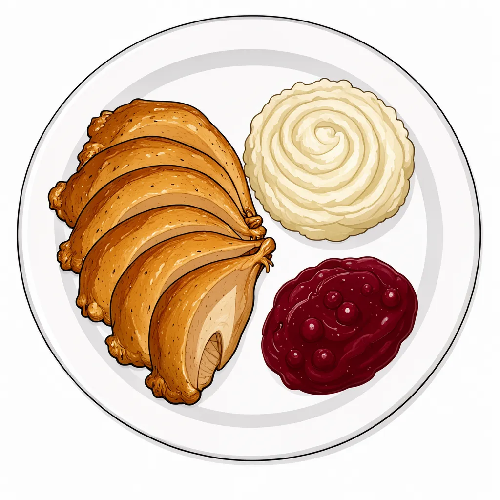 Top-down flat illustration of a white plate with sliced turkey, mashed potatoes, and cranberry sauce on an isolated white
