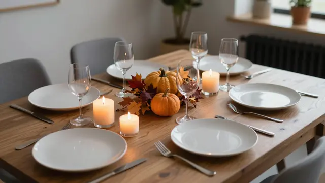 Lit candles, empty plates and fall decor adorn a wooden post-meal Thanksgiving dining table with no people present
