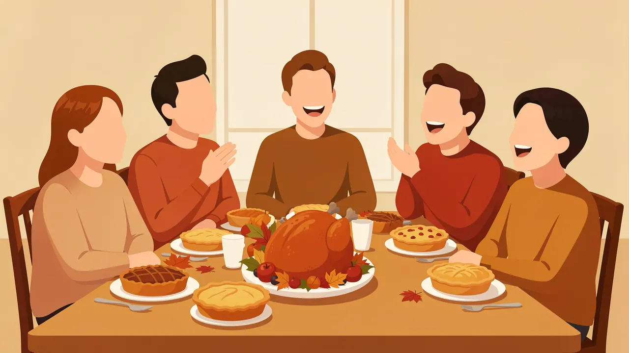 Flat vector illustration of faceless smiling adults seated around a Thanksgiving table laden with roast turkey and assorted