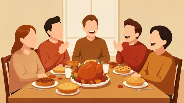 Flat vector illustration of faceless smiling adults seated around a Thanksgiving table laden with roast turkey and assorted
