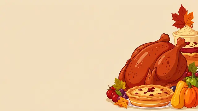 Roast turkey, pies and gourds arranged along the right of a warm beige empty background with left copy space