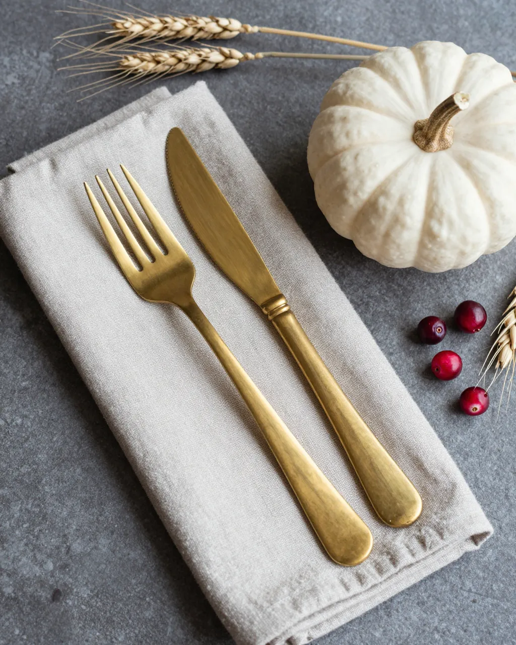 Flat lay view of a Thanksgiving place setting with linen napkin, brass cutlery, and fall decor on a dark stone surface