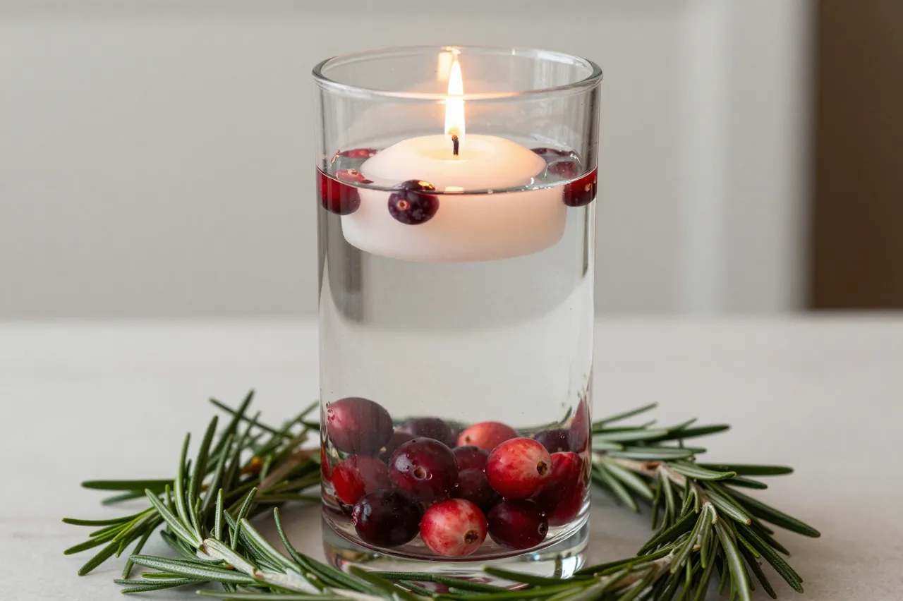 Lit floating candle in glass cylinder with cranberries, surrounded by rosemary sprigs on a light table