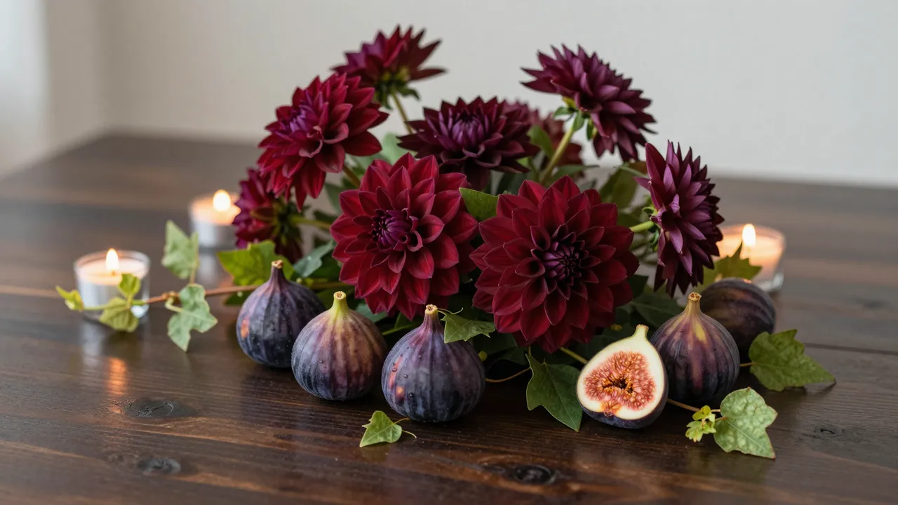 Burgundy dahlias, fresh figs, trailing grapevine and lit tealights rest on a dark wood table.