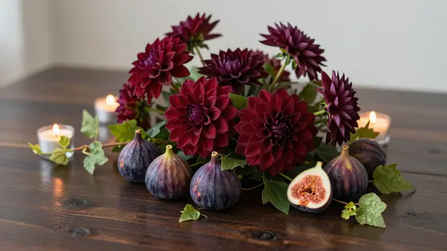 Burgundy dahlias, fresh figs, trailing grapevine and lit tealights rest on a dark wood table.