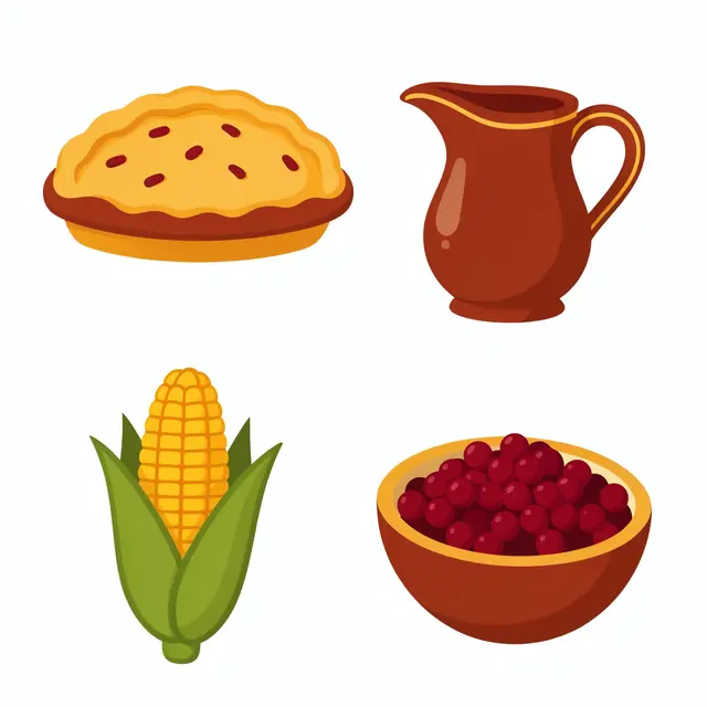 Flat vector icons of a pie, gravy pitcher, ear of corn, and cranberry bowl on a plain white background