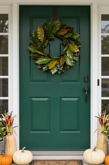 Dark green front door with a magnolia leaf wreath flanked by cream pumpkins and fall porch decor