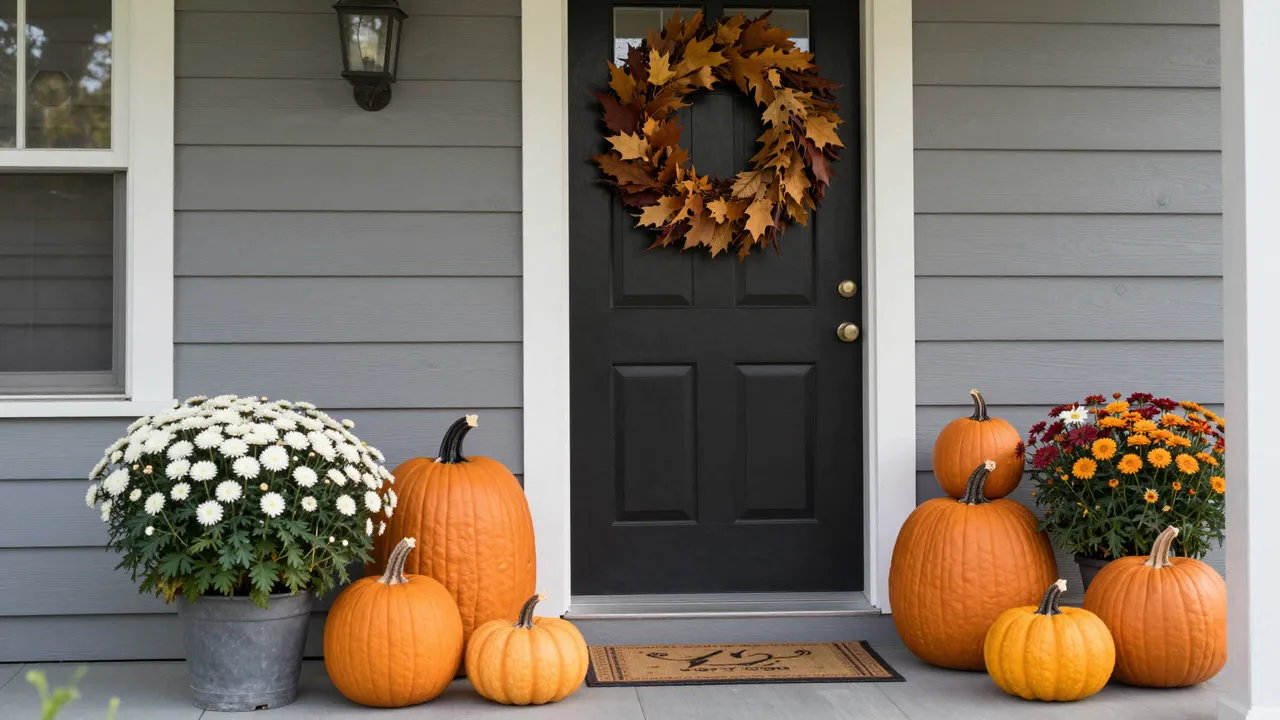 A gray house front porch decorated with pumpkins, potted mums and a dried leaf wreath for fall Thanksgiving.