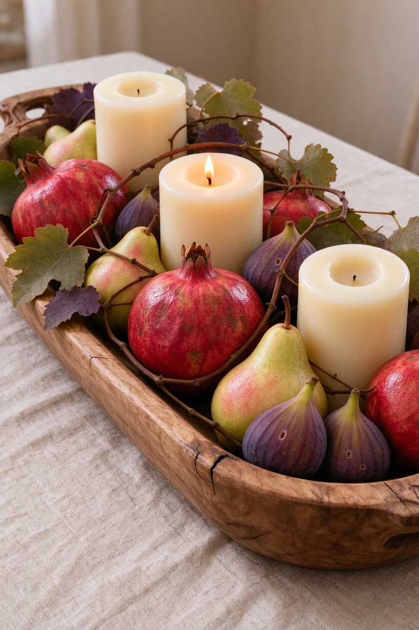 Rustic wooden dough bowl filled with pomegranates, pears, figs, and pillar candles sits on a linen tablecloth.