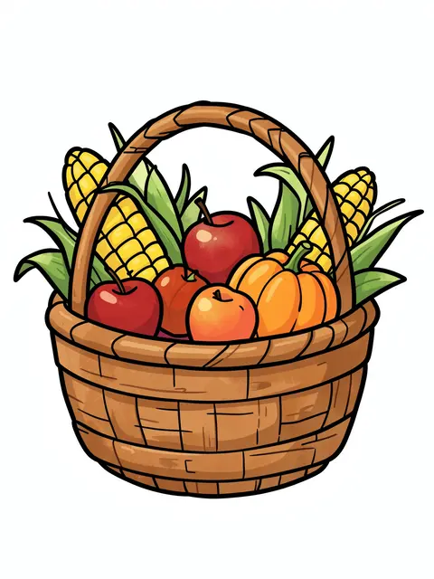 Cartoon illustration of a wicker harvest basket filled with corn, apples and a small pumpkin on a plain white background