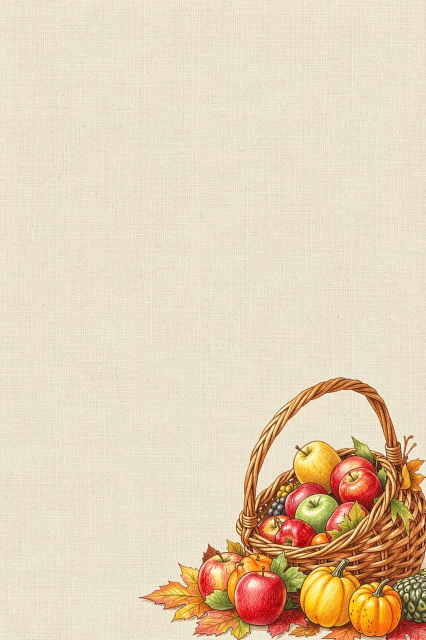 Colored pencil illustration of a woven harvest basket with fruit and gourds in the bottom right on empty linen-textured copy
