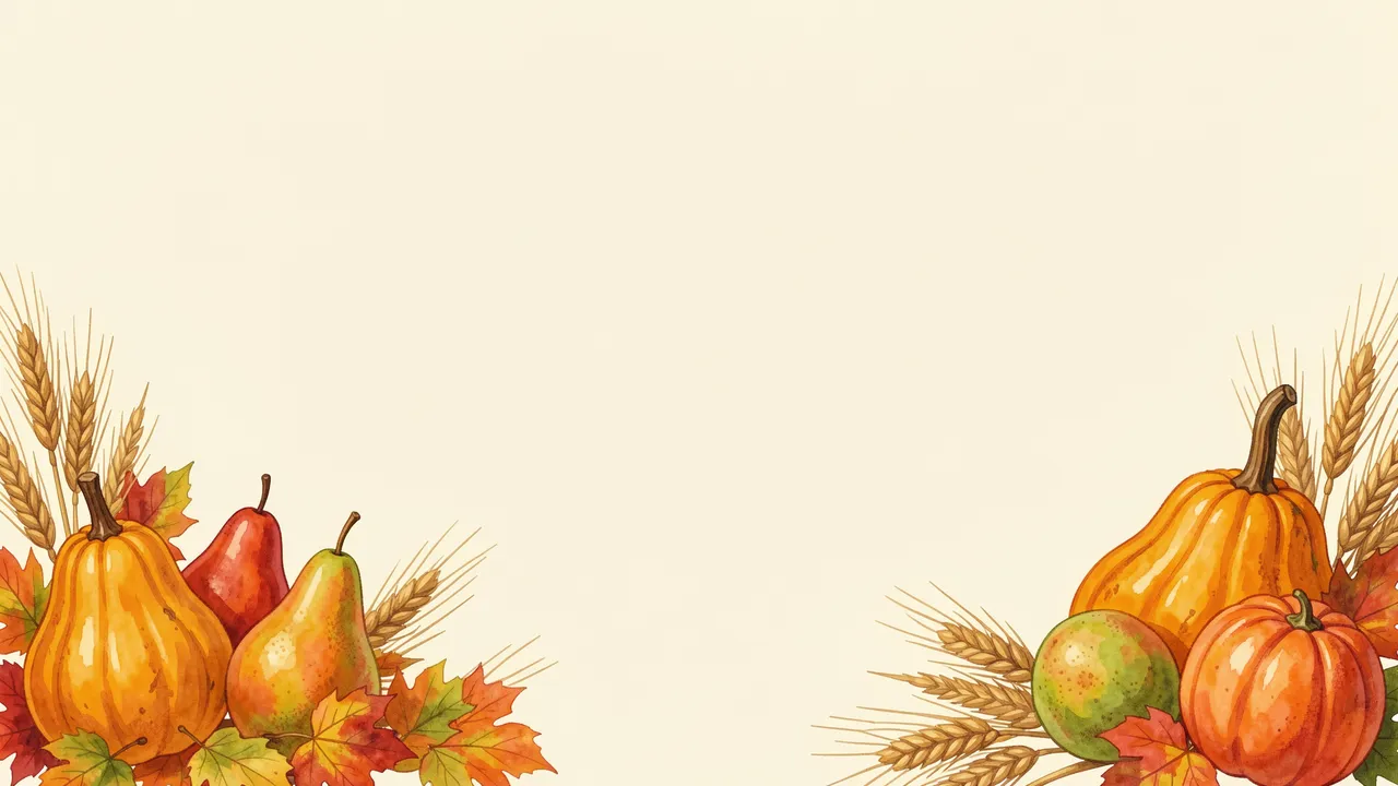 Gouache autumn harvest arrangements of gourds, pears, wheat and maple leaves frame opposite lower corners of a warm ivory