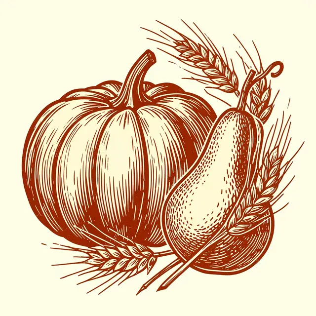 Rust and cream linocut illustration of a pumpkin, pear, and wheat sprigs grouped together