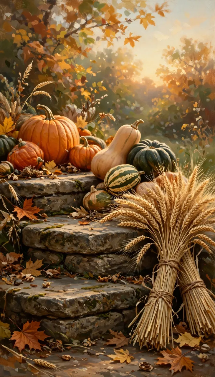 Oil painting of pumpkins, squash and wheat sheaves arranged on mossy stone steps at golden hour