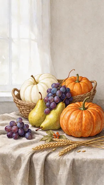 Watercolor harvest still life of pumpkins, pears, grapes and wheat on a linen draped table by a bright window.