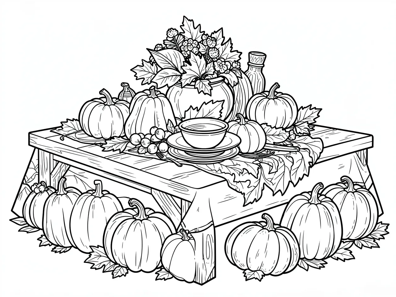 Black and white line art coloring page of a harvest table piled with pumpkins, squash, foliage and tableware on a white