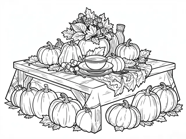 Black and white line art coloring page of a harvest table piled with pumpkins, squash, foliage and tableware on a white