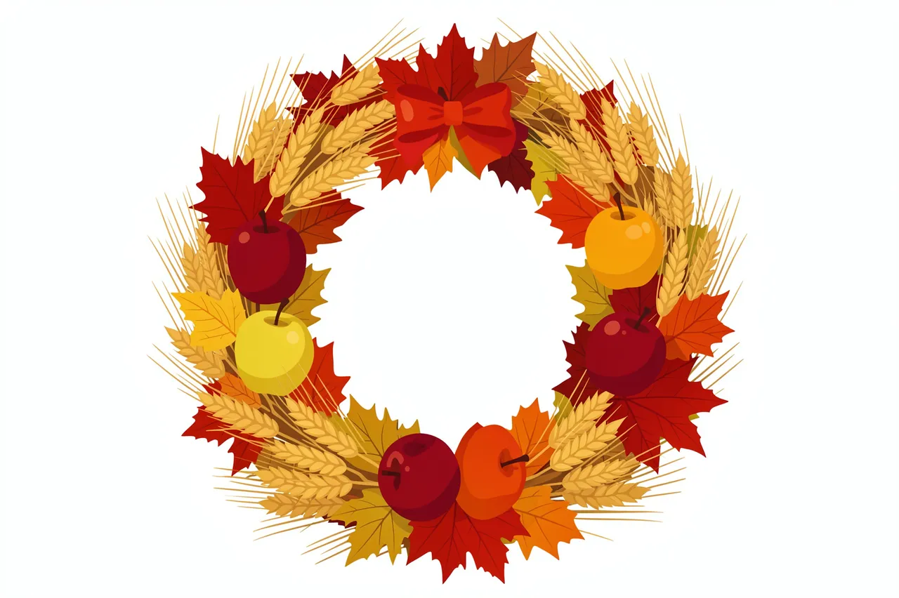 A circular flat illustration of a harvest wreath with wheat, apples, maple leaves and a red bow on a white background