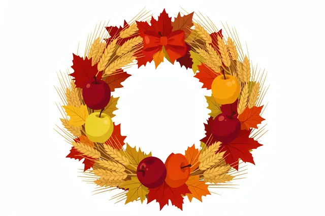 A circular flat illustration of a harvest wreath with wheat, apples, maple leaves and a red bow on a white background