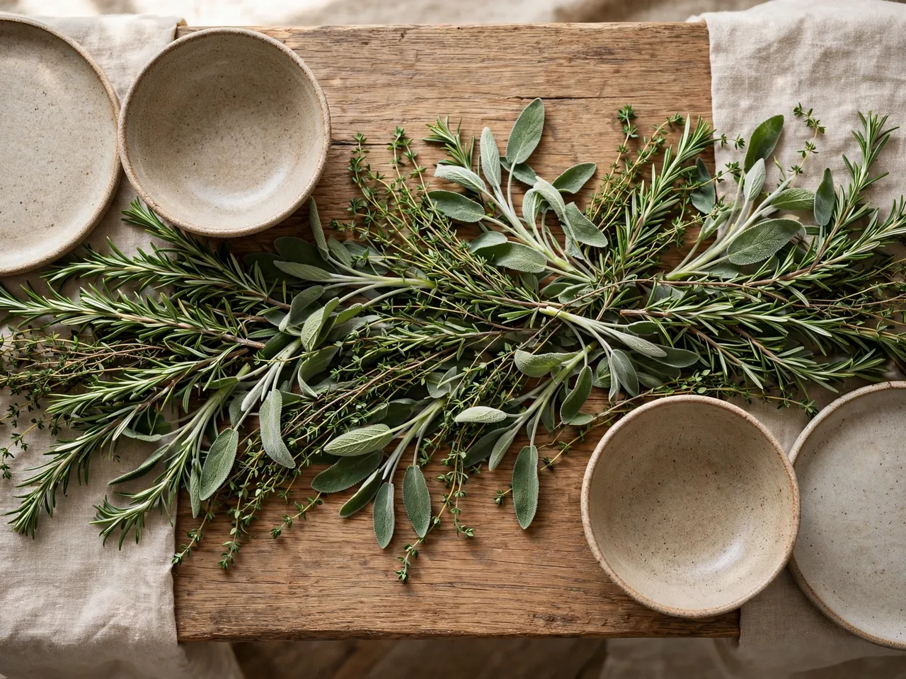 Fresh rosemary, sage and thyme arranged between speckled stoneware dishes on a rustic wooden table