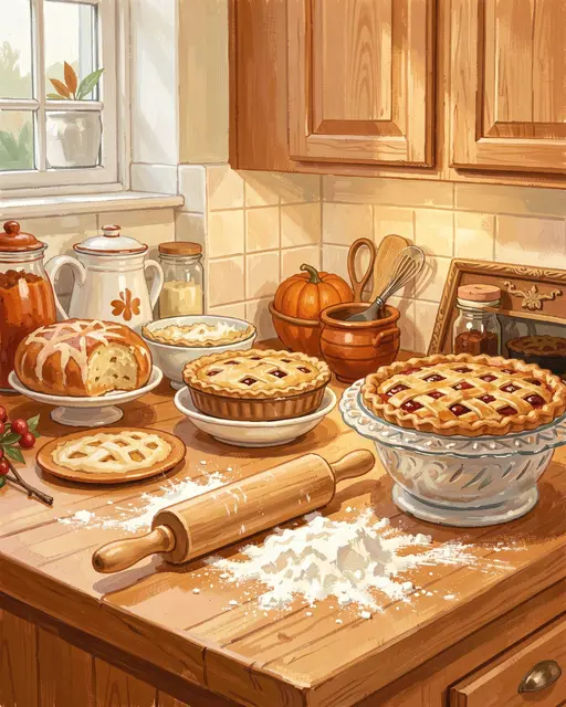 Gouache illustration of a sunlit wooden kitchen counter holding baked pies, a rolling pin, scattered flour and fall baking