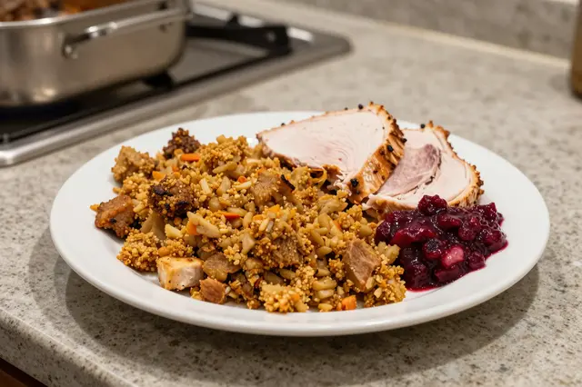White plate of reheated turkey, stuffing, and cranberry sauce sits on a speckled kitchen countertop