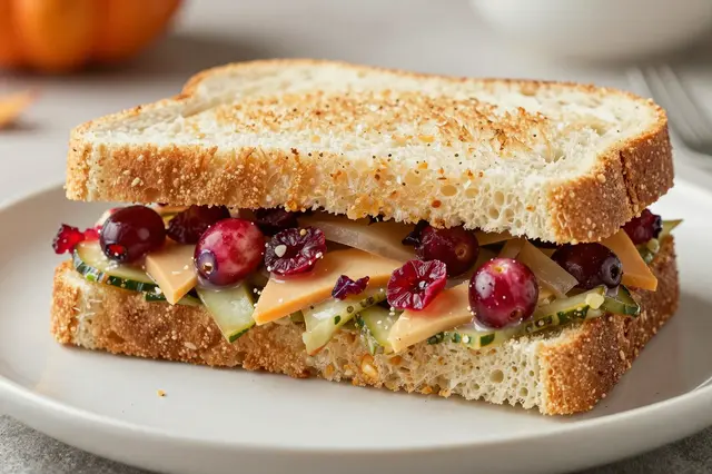 Toasted sandwich with cranberries, cheese and vegetable slices sits on a light ceramic plate.