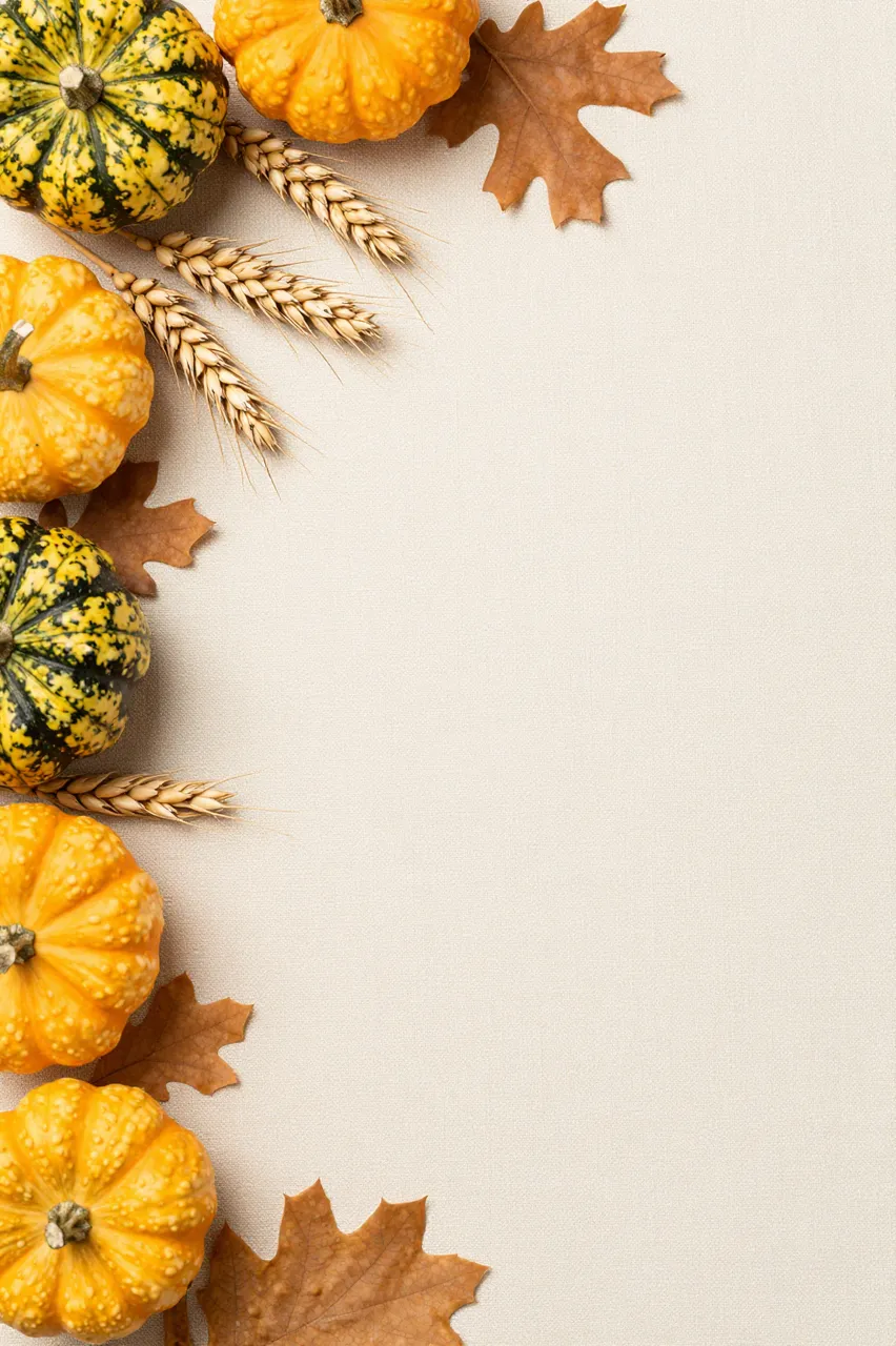 Autumn gourds, wheat stalks, and oak leaves line the left edge of a cream linen background with empty copy space.