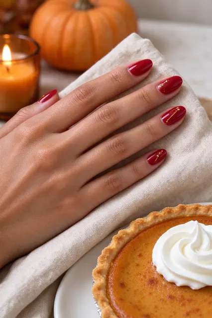 A hand with cranberry red oval nail art rests on linen beside pumpkin pie and autumn decor.