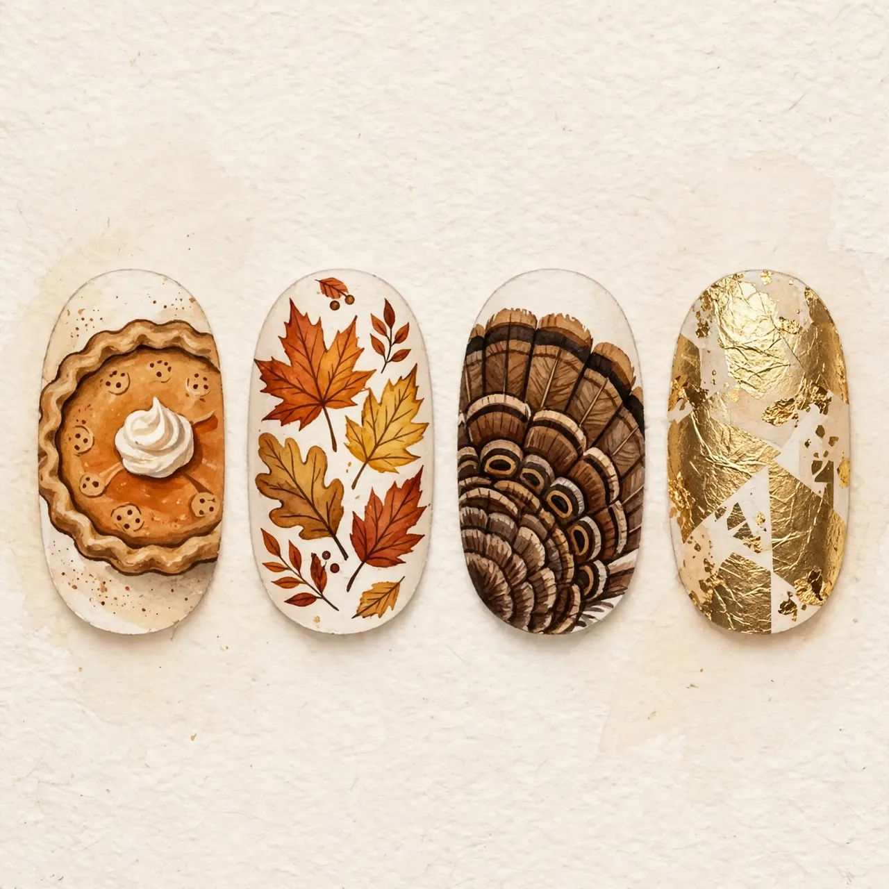 Four oval nail tips in a row display gouache Thanksgiving designs against textured off-white paper.