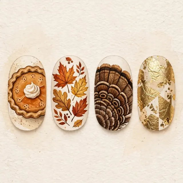 Four oval nail tips in a row display gouache Thanksgiving designs against textured off-white paper.