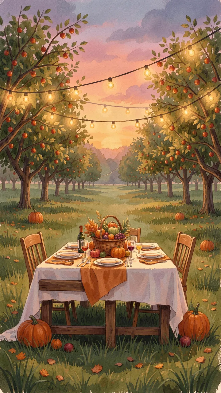 Set harvest table under string lights in an apple orchard at warm dusk