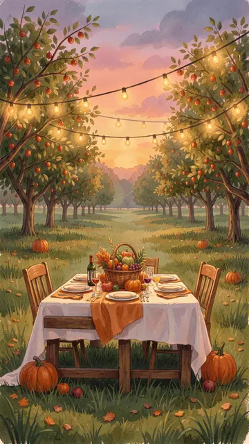 Set harvest table under string lights in an apple orchard at warm dusk