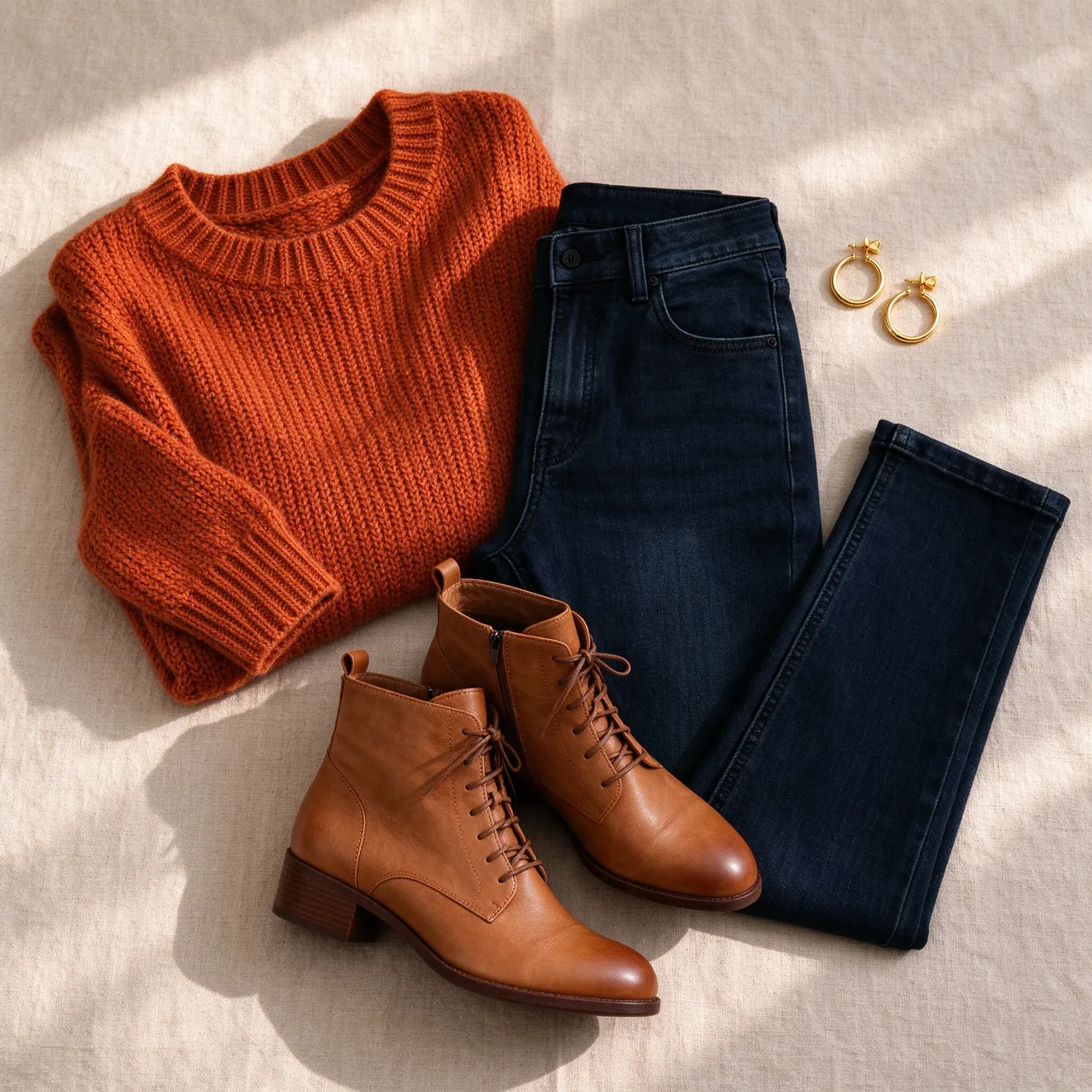 Overhead flat lay of a folded rust sweater, dark jeans, tan boots and gold earrings on beige linen