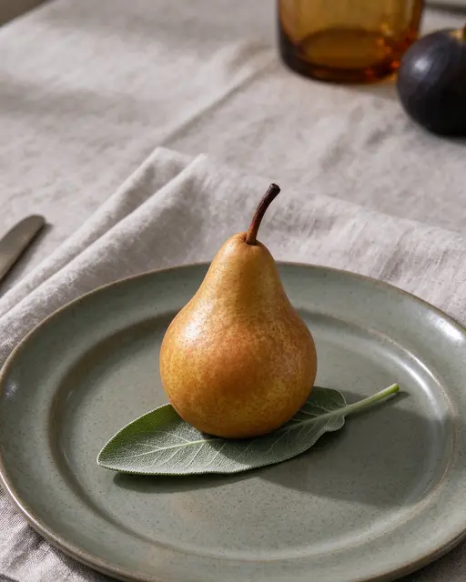 A ripe pear resting on a sage leaf atop a stoneware plate over a linen napkin