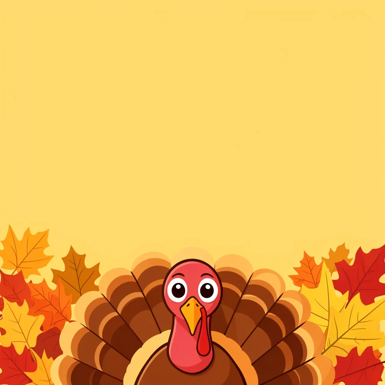 A cute cartoon turkey peeks over autumn leaves at the bottom of a solid mustard yellow background.