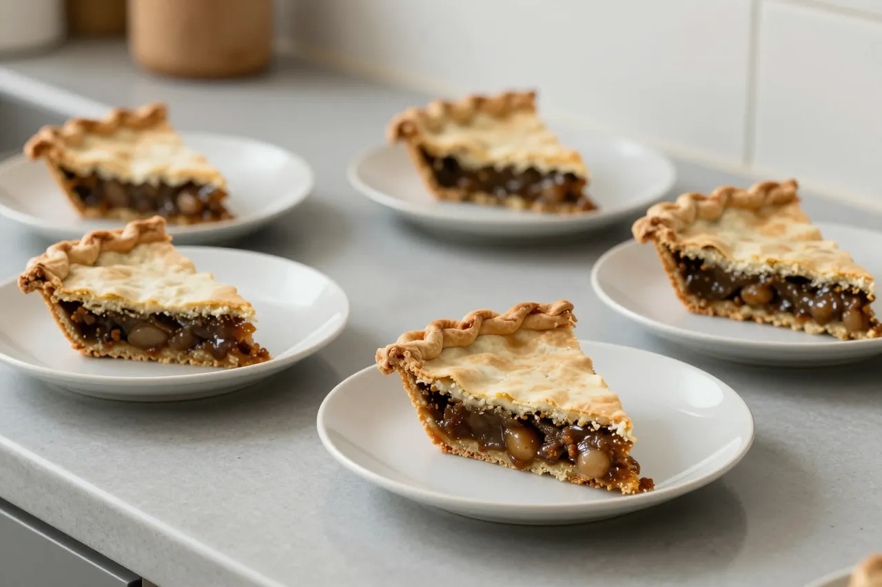 Five leftover pie slices on small white plates arranged on a light gray kitchen counter in soft morning light