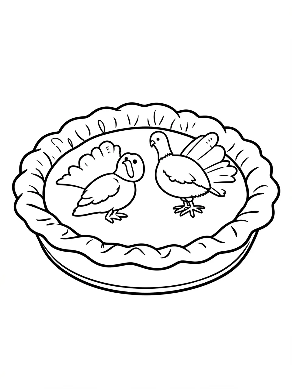 Black and white line art of a pie with two cartoon turkey figures on its top crust for a coloring page