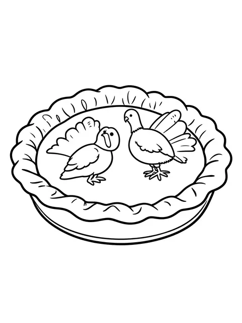 Black and white line art of a pie with two cartoon turkey figures on its top crust for a coloring page