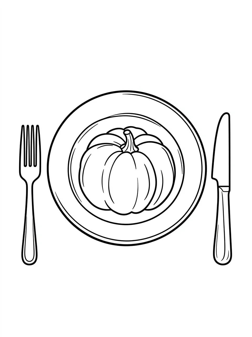 Black and white line art of a Thanksgiving place setting with a mini pumpkin on a plate between a fork and knife