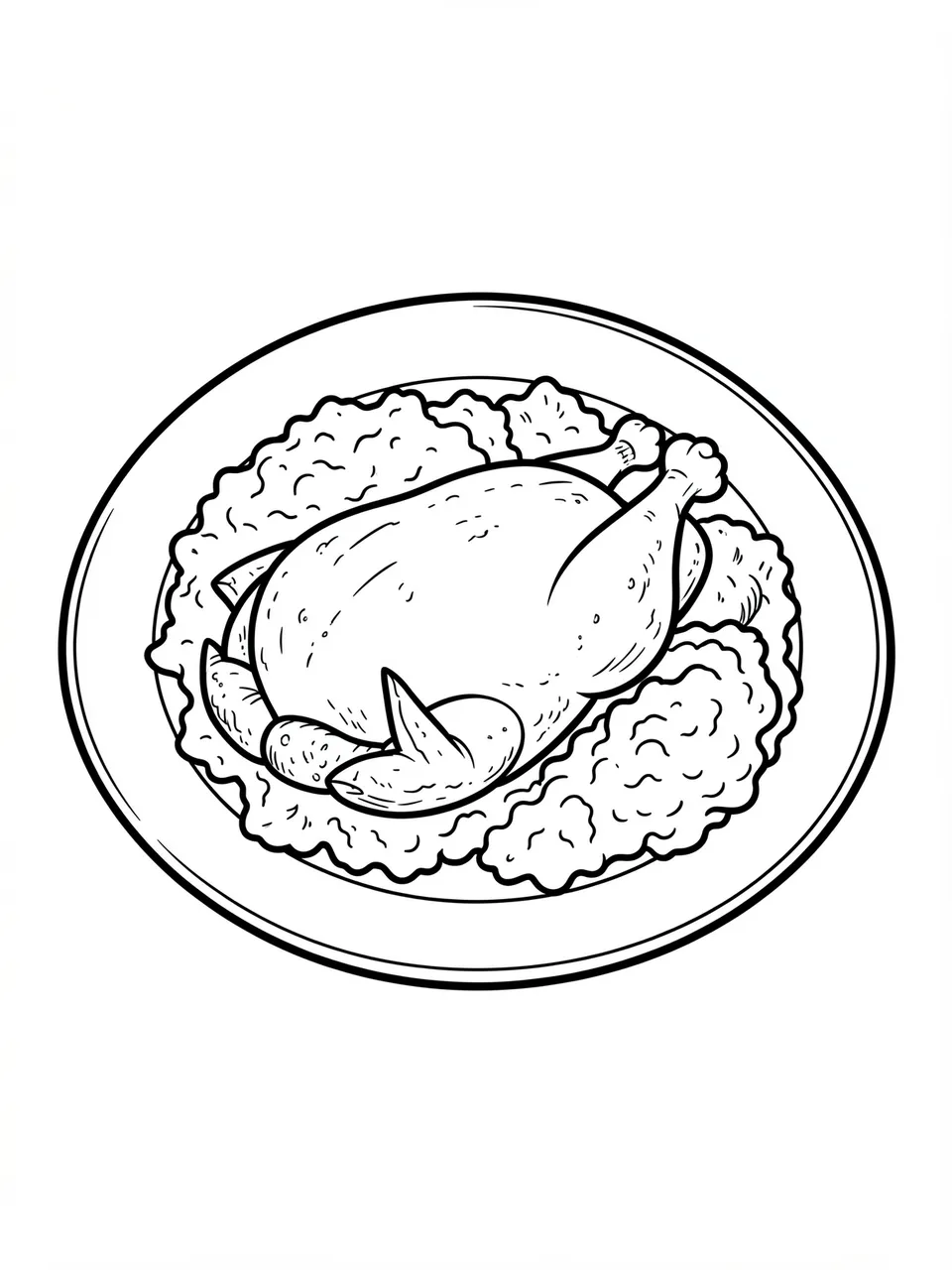 Black and white bold line art of a whole roasted turkey on an oval platter with side garnish on a white background