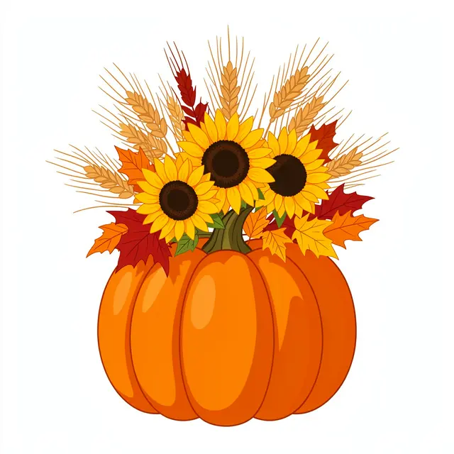 Flat clipart illustration of an orange pumpkin centerpiece topped with sunflowers, wheat and autumn leaves on a white