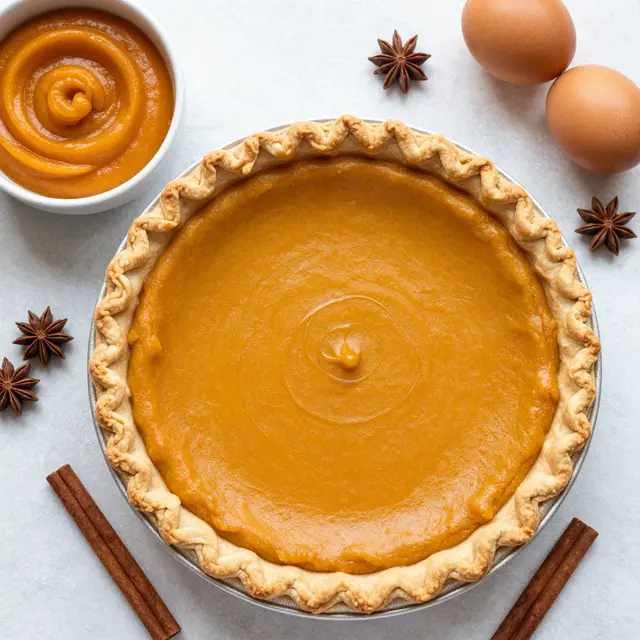 Top down flat lay of baked pumpkin pie surrounded by baking ingredients and warm spices on a light countertop