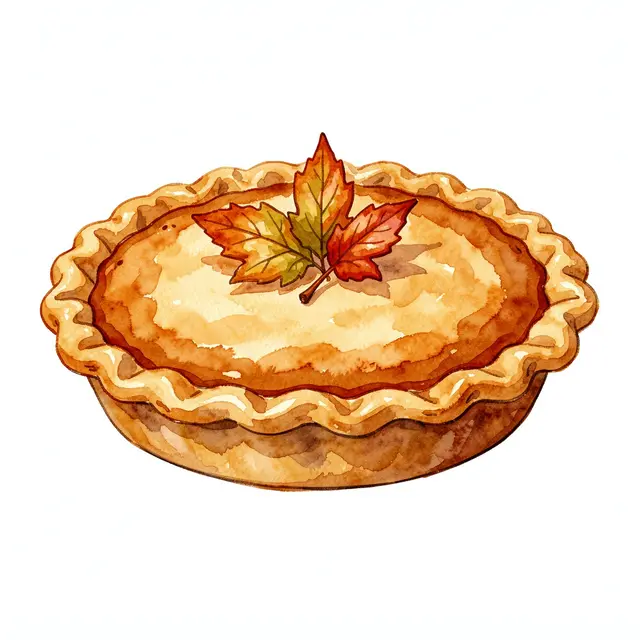 Watercolor illustration of a whole crimped Thanksgiving pie topped with autumn pastry leaves on a plain white background
